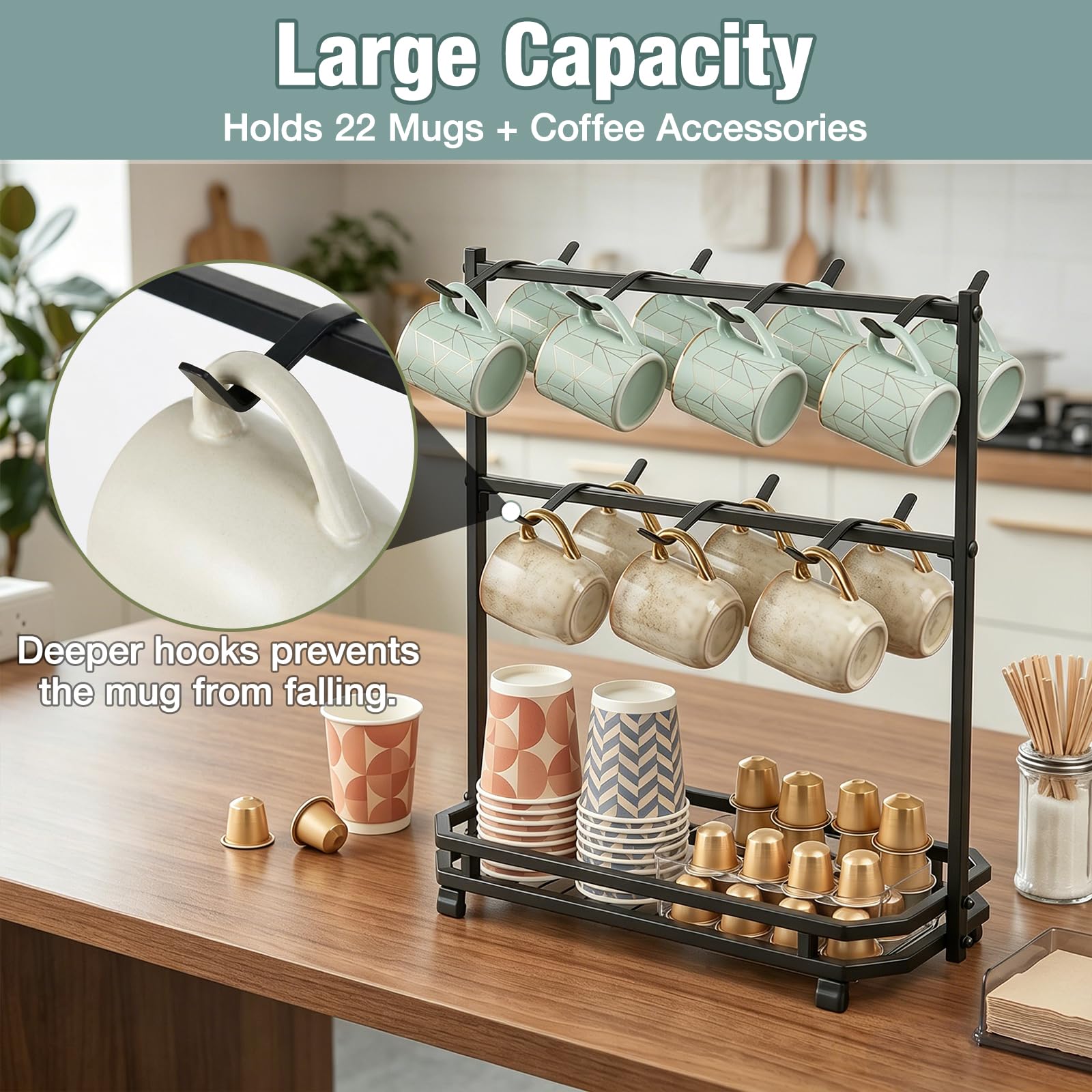 Coffee Mug Holder for Countertop, 14 Hooks Metal Coffee Cup Holder Rack