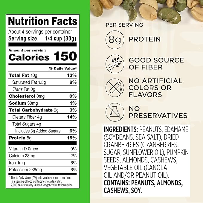 Snak Club Protein Power Snack Mix with Peanuts, Roasted Edamame, Dried Cranberries, Pumpkin Seeds, Almonds, and Cashews, Gluten-Free and Kosher Trail Mix Snacks, 4.2 oz Resealable Bags, 6 Pack