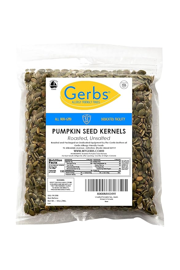 GERBS Unsalted Pumpkin Seed Kernels 2 LBS|Top 14 Allergy Free Food |Use in salads, yogurt, bake, oatmeal, trail mix|Grown in Canada, packed in US