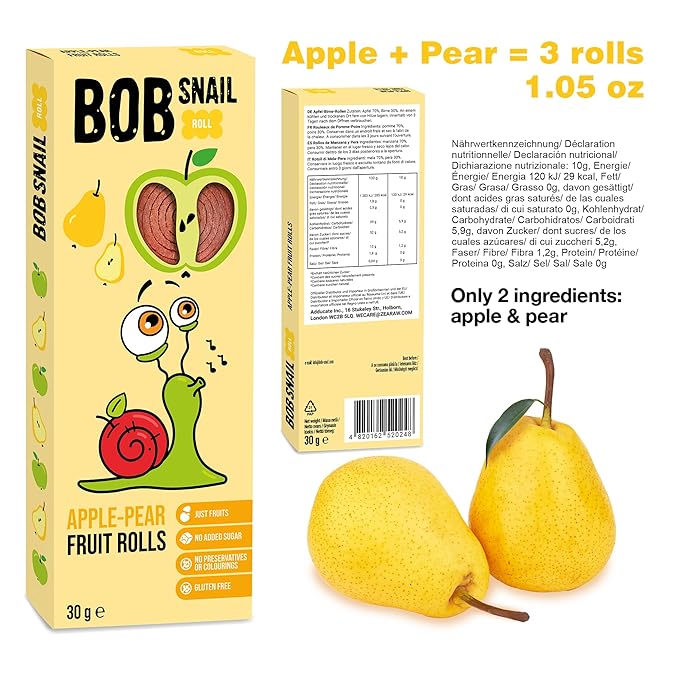 BOB SNAIL Healthy Organic Fruit Snacks for Kids and Adults ??30 Organic Fruit Leather Snacks with Pear & Apple, Blueberry, Mango ??Vegan Low-Carb Variety Pack Strips for Kids ??Sugar Free Jerky Bars