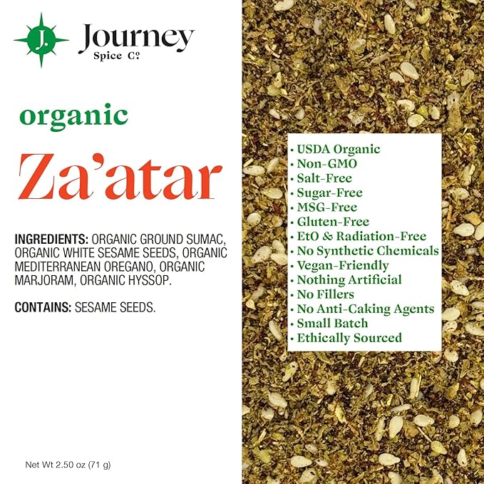Organic Za'atar Spice Seasoning by Journey Spice Co. | Salt-Free, Sugar-Free, Non-GMO | Gourmet Mediterranean All-Purpose Spice Herb Blend | 2.5 oz. | Resealable/Reusable Cap