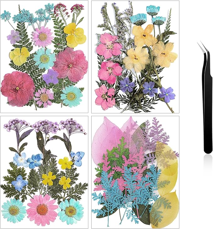 Nuanchu Pressed Flowers Bulk Dried Flower for Crafts, Dried Wildflowers Leave Natural with Tweezer for Resin Mold Scrapbooking Nail Soap Making DIY(Pastel Style,Pastel Color)