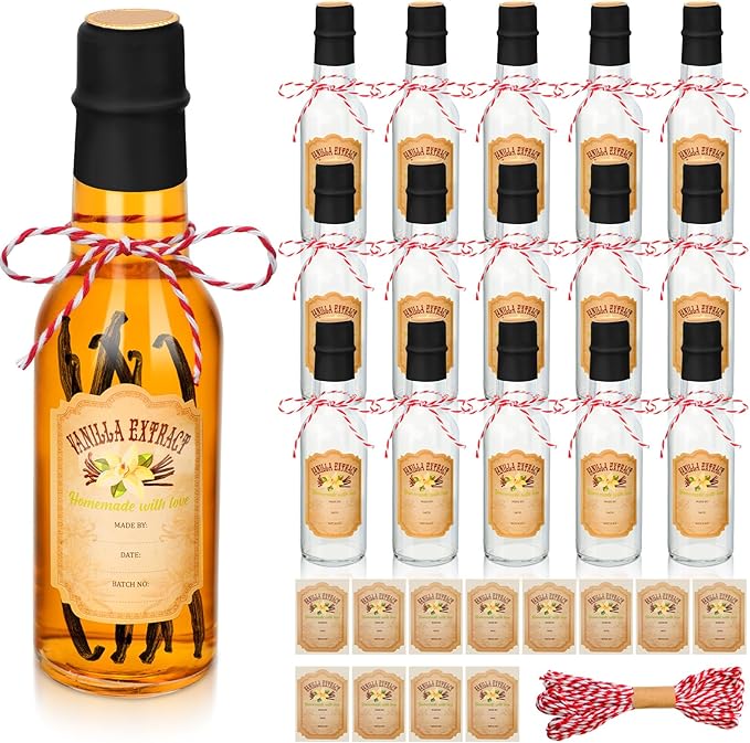 Tioncy 16 Pcs Vanilla Extract Bottles for Homemade Vanilla Jar Glass Bottle with Cap, Shrink Band, Sticker Syrup Gift Food Storage Canister for Bean Sauce Spice(Black,5 oz)