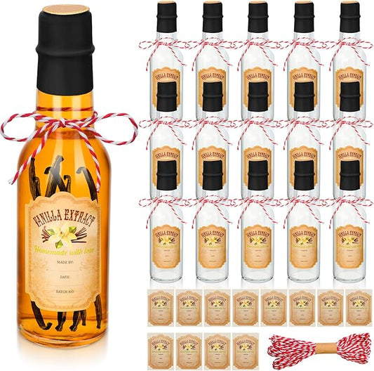 Tioncy 16 Pcs Vanilla Extract Bottles for Homemade Vanilla Jar Glass Bottle with Cap, Shrink Band, Sticker Syrup Gift Food Storage Canister for Bean Sauce Spice(Black,5 oz)