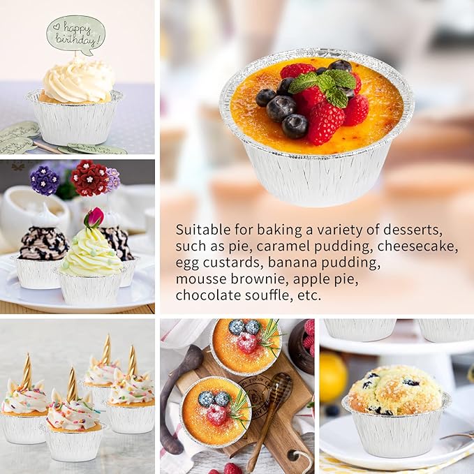 Aluminum Foil Baking Cups, Disposable Ramekin 3 Oz Silver Foil Cupcake liners, 200 Pcs Aluminum Baking Cups Egg Tart Liners for Baking, Cupcake, Pudding, Muffin, Creme Brulee