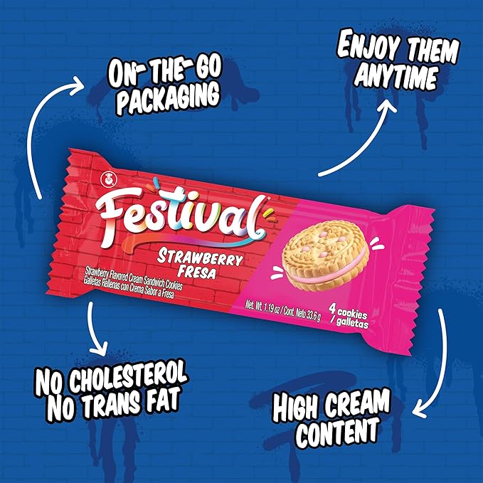 FESTIVAL Strawberry Cookies, Cream Strawberry Sandwich Cookies, Natural Dyes & Low Sodium, High Cream Content, 14.6 Oz (Pack of 3)