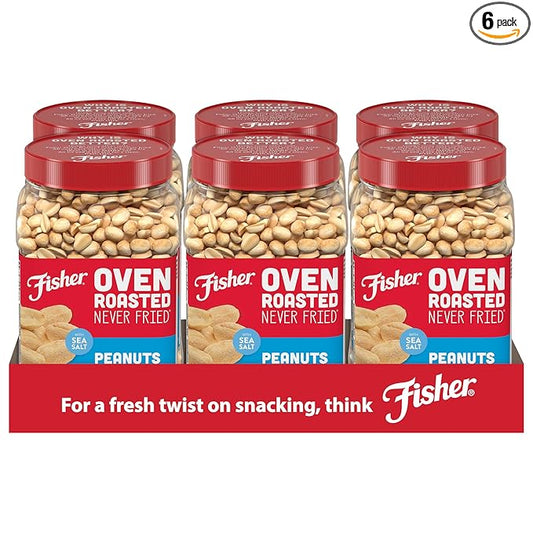 Fisher Oven Roasted Never Fried Peanuts, 24 Ounces (Pack of 6), Snacks for Adults, Made With Sea Salt, No Added Oils, Artificial Ingredients or Preservatives, Gluten Free, Vegan Protein, Bulk