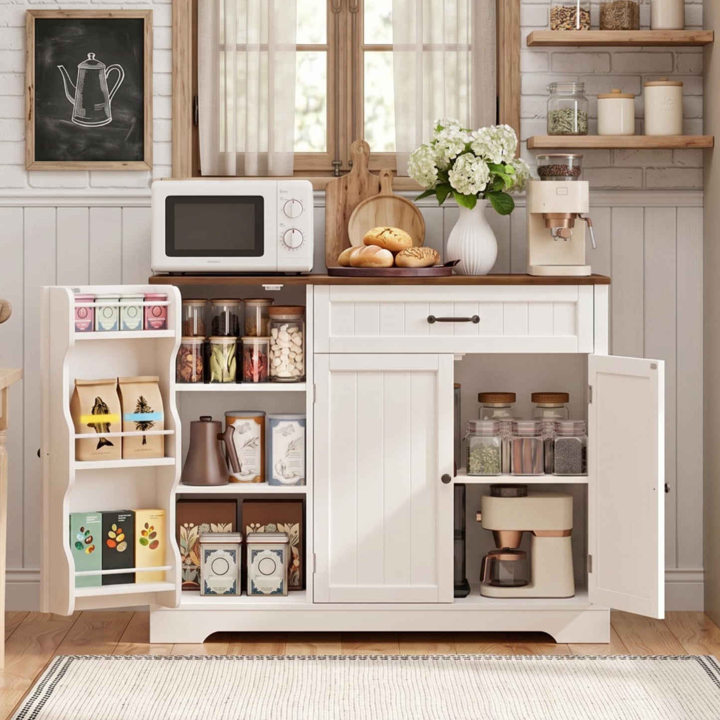 Gizoon Kitchen Coffee Bar Cabinet with Storage, White and Rustic