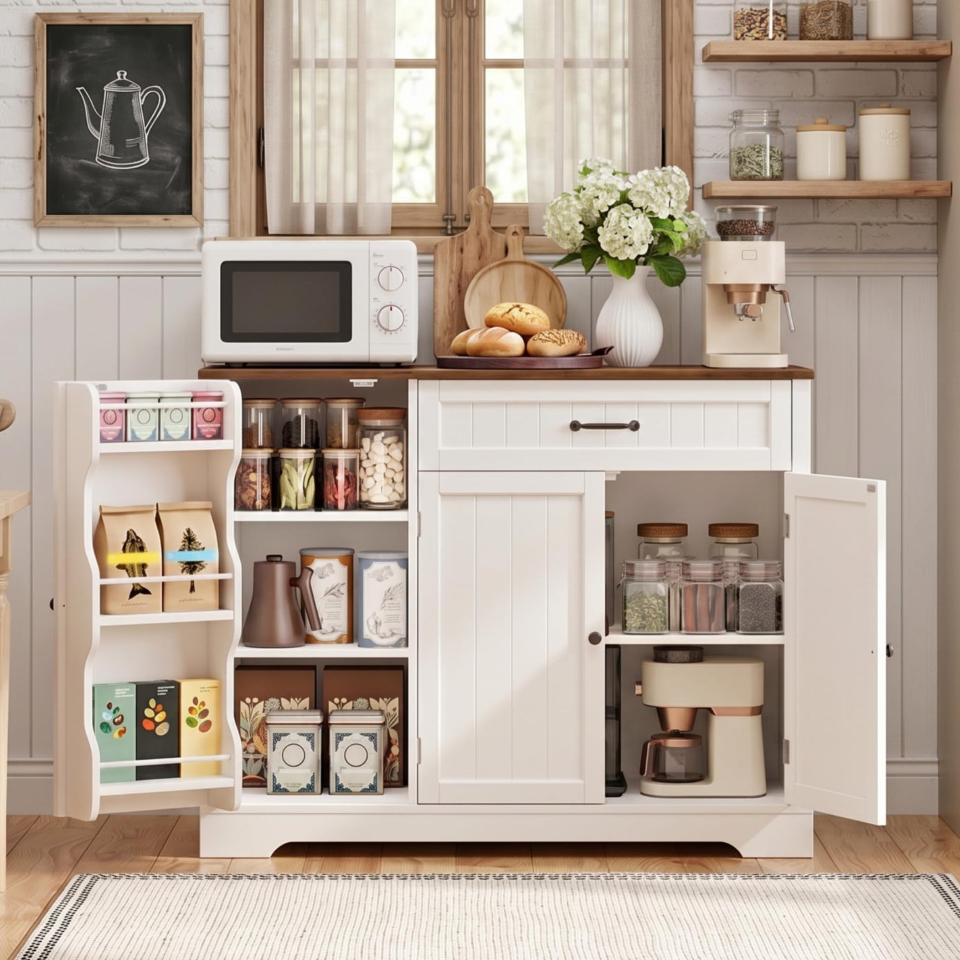 Gizoon Kitchen Coffee Bar Cabinet with Storage, White and Rustic