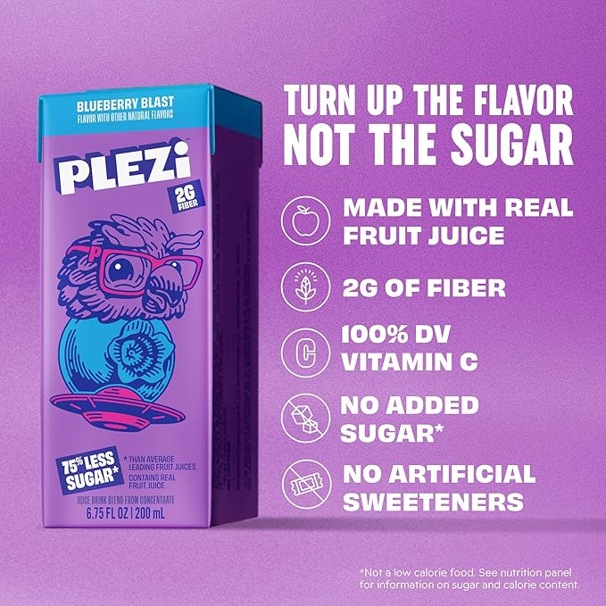 PLEZi Fruit Juice Boxes For Kids, Blueberry Blast ??Low Sugar Drinks with Dietary Fiber, Healthy Vitamin C, and Potassium Electrolytes ??6.75 Fl Oz (Pack of 32)