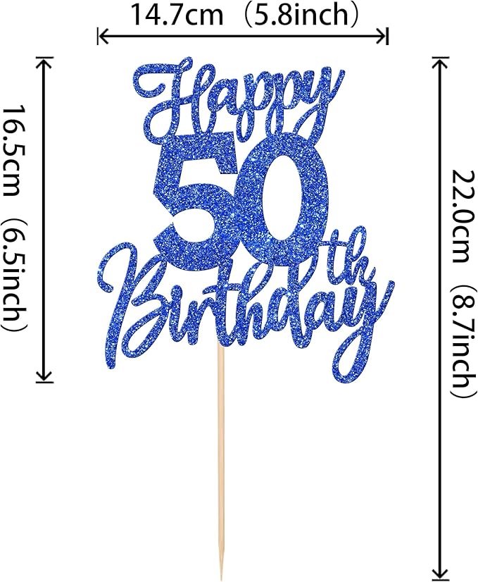 1 PCS Happy 50th Birthday Cake Topper Glitter Cheers to 50 Years Birthday Cake Pick Fifty Hello 50 Fabulous Cake Decoration for Happy 50th Birthday Anniversary Party Decorations Supplies Blue