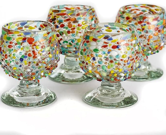 Authentic Mexican Tequila Hand Blown Shot Glasses - Set of 4-2 oz - Mini Glass Snifters - Heavy Base - Cognac (Confetti)