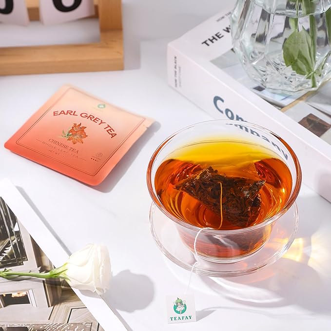 TEAFAY Earl Grey Tea ??20 Count (40 Cups), 100% Natural, Handpicked, Whole Leaf Pyramid Tea Bags, Individually Wrapped, Classic Bergamot Aroma, High Caffeine, Eco-Friendly