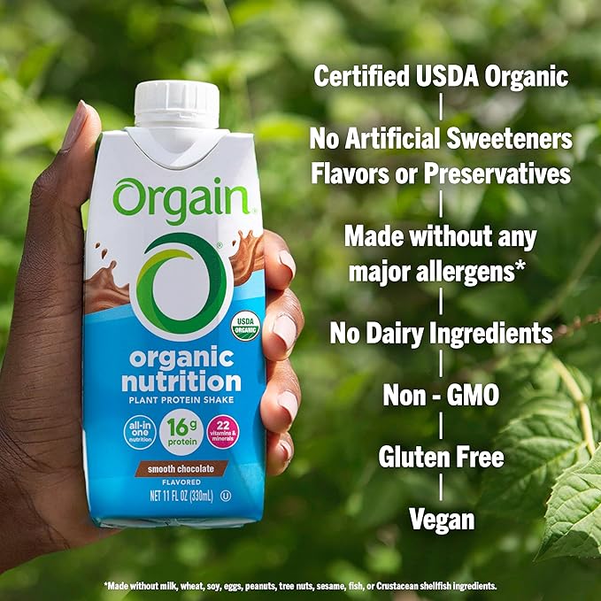 Orgain Organic Nutritional Vegan Protein Shake, Smooth Chocolate - 16g Plant Based Protein, Meal Replacement, 22 Vitamins & Minerals, Fruits & Vegetables, Gluten Free, Non-GMO, 11 Fl Oz (Pack of 12)