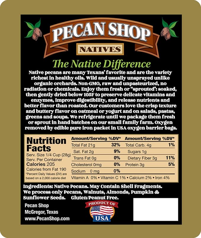 Pecan Shop Raw Unpasteurized Shelled Texas Native Pecans, Wild-Harvested and Tested Pesticide-Free Pecan Halves in Oxygen-Barrier Bag for Peak Freshness - 12 Oz