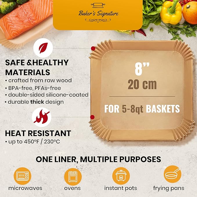 Air Fryer Paper Liners, 125Pcs Air Fryer Disposable Liners, Non-Stick and Oil Proof for Easy Cleanup, 8??Square for 5-8 qt Basket by Baker's Signature