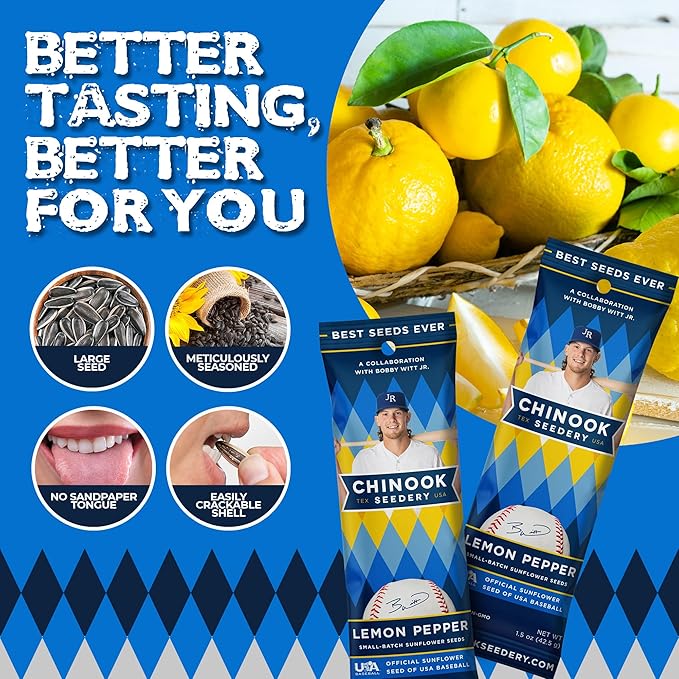Chinook Seedery Roasted Sunflower Seeds to Eat - 1.5 oz (Pack of 36) Lemon Pepper - Jumbo Low Sodium Sunflower Seeds Keto Snacks - Adventure, Baseball, School Snacks - Gluten Free, Non GMO Snacks