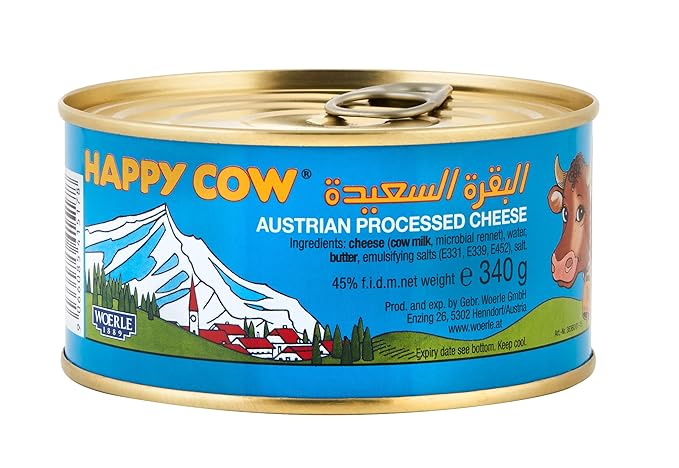 Happy Cow Halal Austrian Processed Cheese 12 OZ (340g) Easy Open Can, Rich Cheddar Flavor, Long Shelf Life, Perfect for Cooking, Snacking,Camping