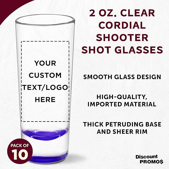 Custom Cordial Shooter Shot Glasses 2 oz. Set of 10, Personalized Bulk Pack - Great for Birthdays, Parties, Indoor & Outdoor Events - Purple