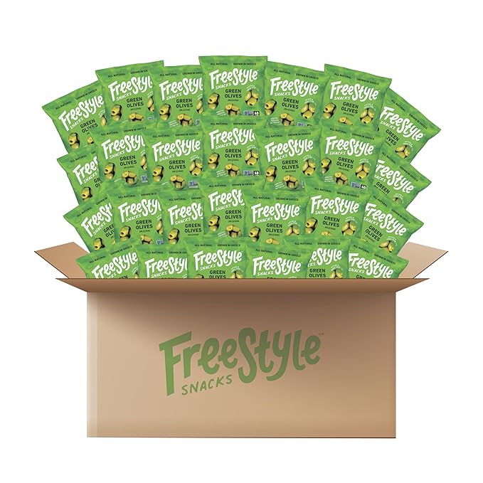 Freestyle Snacks Olive Snack Packs - Bulk Party Pack - Fresh Pitted Green Olives, Jumbo-Sized, Grown in Greece, All Natural, Non-GMO, Paleo, Sugar-Free, Keto - Original, 1.1oz Single Serves, 120-Pack