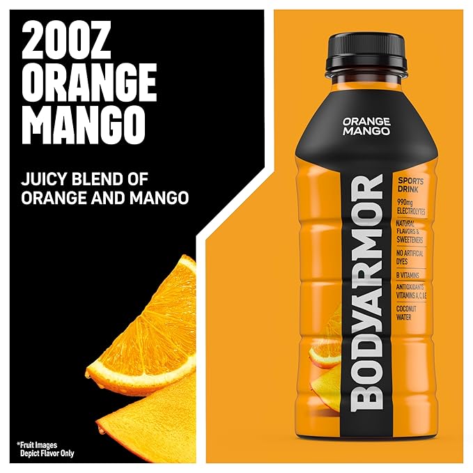 BODYARMOR Sports Drink Sports Beverage, Orange Mango, Coconut Water Hydration, Natural Flavors With Vitamins, Potassium-Packed Electrolytes, Perfect For Athletes, 20 Fl Oz (Pack of 6)