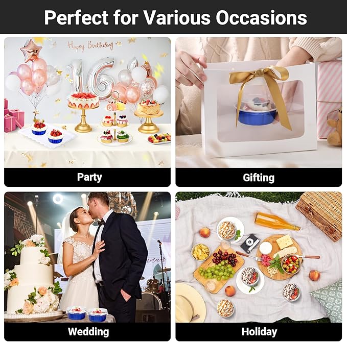 EUSOAR Cake Transport Container, 100pcs 9oz Dark Blue Sheet Cake Pan with Lid, Disposable Ramekins Desert Cups with Lids Cupcakes Bread Pudding Round Holders for Wedding Birthday Theme Party