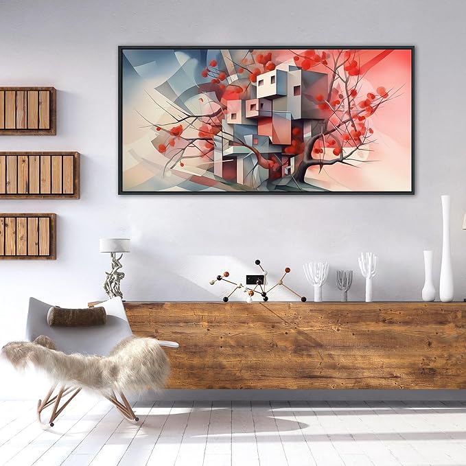 QZQCBLC Large Canvas Wall Art, Red Tree Abstract Space Pictures Ultra Modern Style Geometry Paintings Artwork for Living room Bedroom kitchen Home Office Cafe Game Yoga Room Decor 24x48 IN