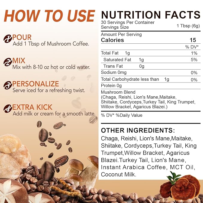 Mushroom Coffee Organic with 10 Adaptogenic Mushrooms, Grown Instant Coffee for Better Energy, Focus, Digestion, Immunity with Lions Mane & Turkey Tail, 30 servings