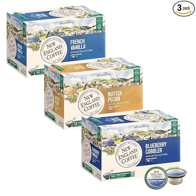 New England Coffee Variety Pack Single Serve Pods - Blueberry Cobbler/French Vanilla/Butter Pecan, 12ct Box (Pack of 3)