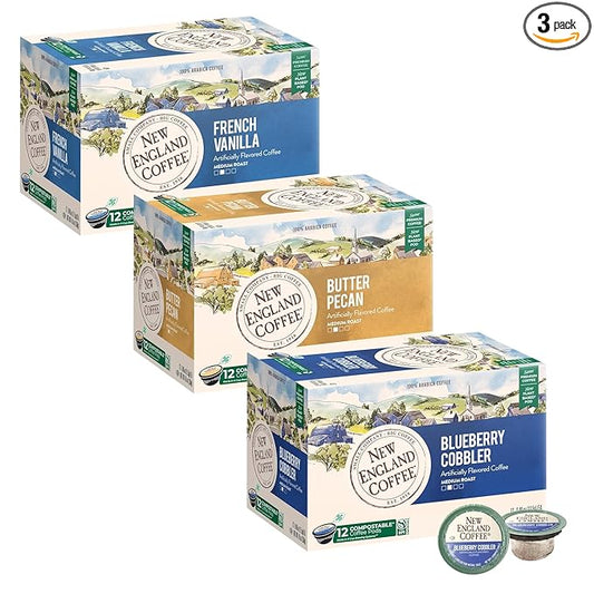 New England Coffee Variety Pack Single Serve Pods - Blueberry Cobbler/French Vanilla/Butter Pecan, 12ct Box (Pack of 3)