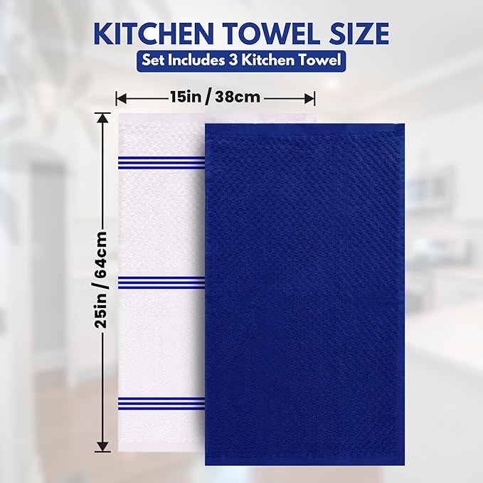 Infinitee Xclusives Premium Kitchen Towels ??Pack of 3, 100% Cotton |15 x 25| Inches Absorbent Dish Towels - Terry Kitchen Dishcloth Towels - Blue Dish Cloth for Household Cleaning