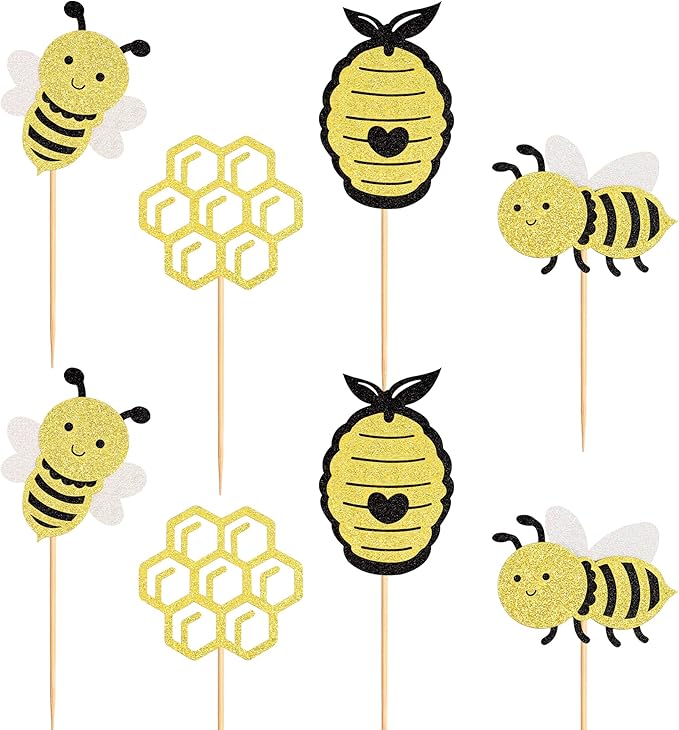Pack of 24 Bumble Bee Cupcake Toppers Glitter Bee Gender Reveal Honeycomb Cupcake Picks Baby Shower Birthday Party Cake Decorations Supplies