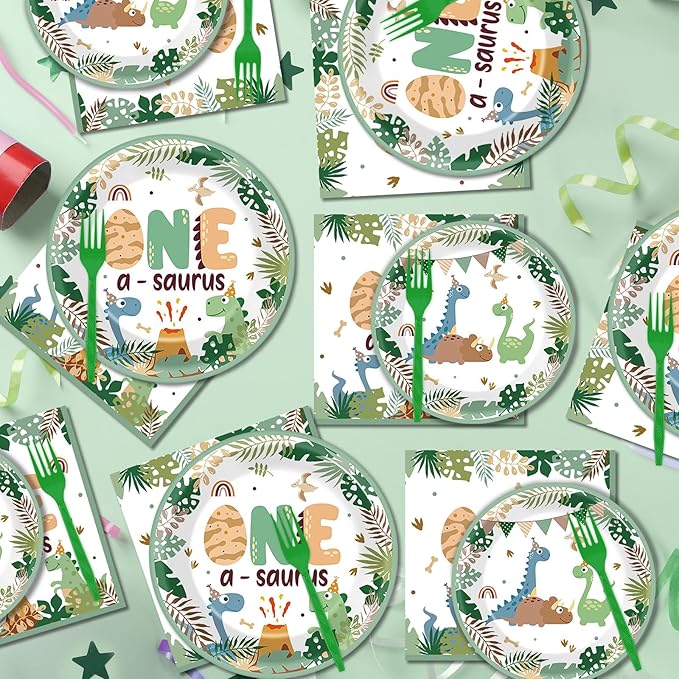 96Pcs One A Saurus Dinosaur 1st Birthday Plates and Napkins Boho Dino First Party Decorations Dinosaur First Dessert Plates Cartoon Jungle Dino 1st Tableware for 24 Guests Kids Birthday Party Supplies