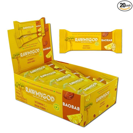 RAWMYGOD Fruit and Nut Bars, Gluten Free, Vegan, No Added Sugar (20 bars, Baobab)
