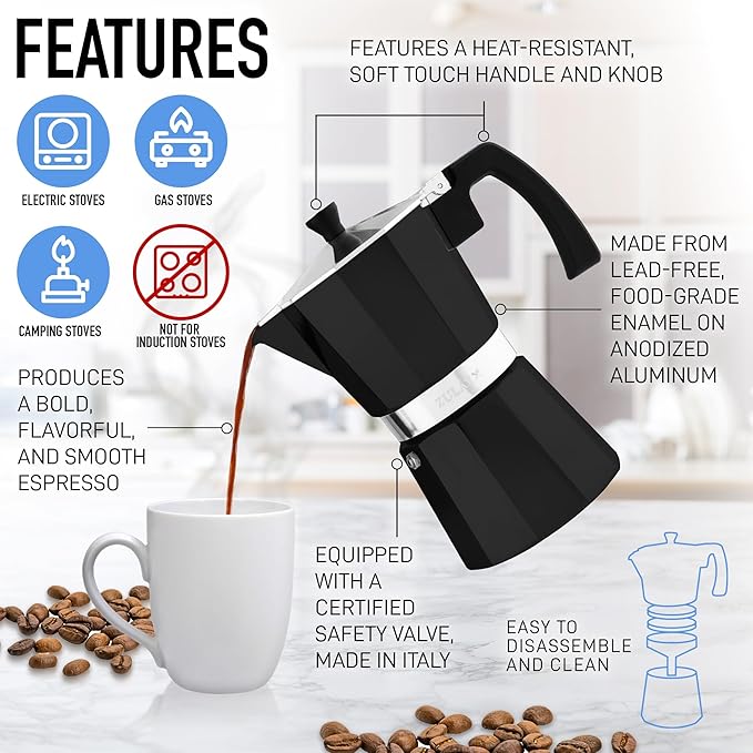 Zulay Moka Pot Espresso Stovetop Coffee Maker - Leak-Proof, Stainless Steel, Easy to Clean, Heat Resistant Handle & Knob - for Authentic Cuban & Italian Style Espresso - Makes 3 Espresso Cups - Black