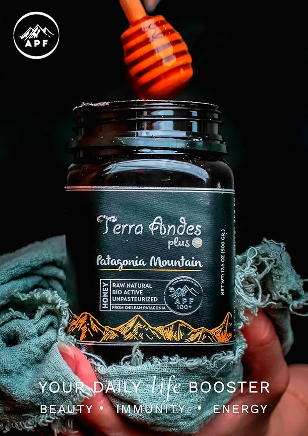 Patagonia Mountain Honey APF 100+ by TERRA ANDES PLUS | Raw natural organic honey. Highest bioactive grade. Made in Chilean Patagonia. 100% pure. NON Gmo. Awarded worldwide. Unfiltered Honey, 8.8 oz