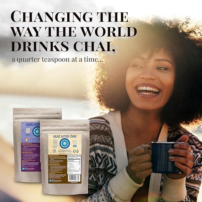 Blue Lotus Chai - Organic Golden Rooibos Masala Chai - Makes 265 Cups - 8oz Bag Masala Spiced Chai Powder with Organic Spices - Instant Indian Tea No Steeping - No Gluten