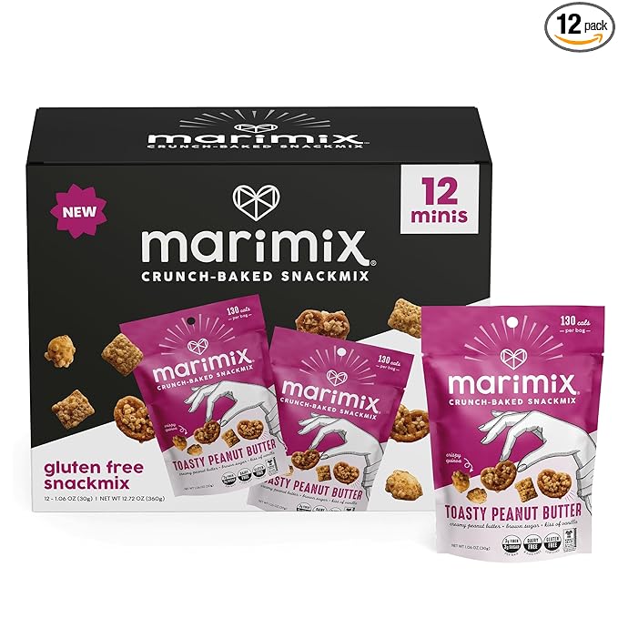 Marimix Snack Mix | Crunch Baked Sweet & Salty Savory Plant Based Naturally Gluten Free Whole Grain Fiber Charcuterie Pretzel Trail Party Mix | No Artificial Ingredients | 12 Count (Mini Toasty Peanut Butter)
