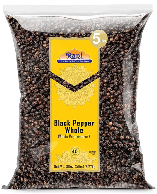 Rani Black Pepper Whole (Peppercorns), Premium MG-1 Grade 80oz (5lbs) 2.27kg Bulk ~ All Natural | Gluten Friendly | Non-GMO | Kosher | Product of Vietnam | Perfect size for Grinders!