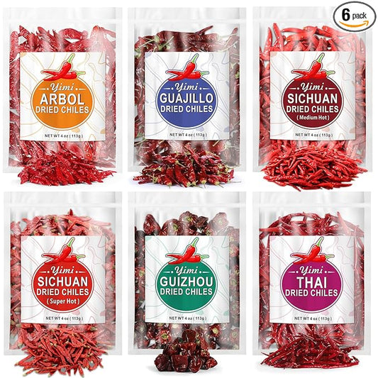 Yimi Dried Chili Peppers 6 Pack Bundle - Arbol, Guajillo, Thai, Sichuan Medium Hot, Sichuan Super Hot, Guizhou, Super Pack of Dry Whole Pepper Chiles (24oz Total), Ideal for Gift