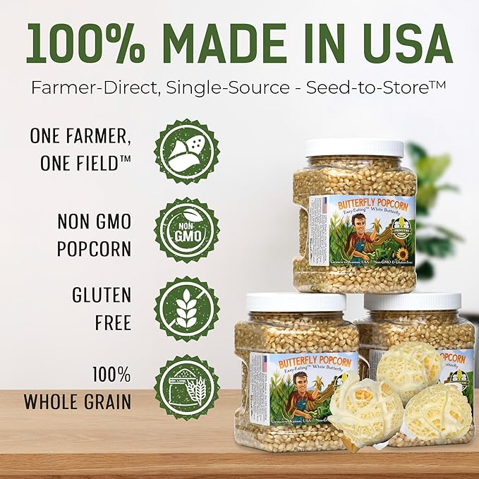 Princeton Popcorn White Butterfly Hulless Popcorn Kernels - Easy-Eating, Baby Small Tender Popping Corn, Non-GMO Popcorn Kernels, No Hulls, No Roundup, Direct from Farmer, Microwave Air Popper or Stovetop 32oz Jar