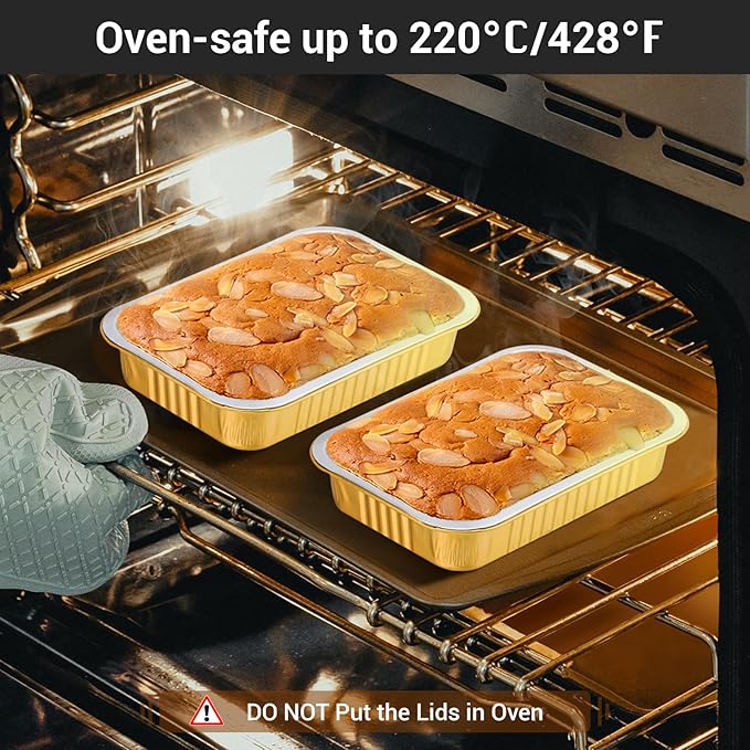 EUSOAR Creme Brulee Ramekins Disposable, Gold 20oz 50pcs Aluminum Foil Mini Cake Bread Pans, Muffin Baking Cups with Lids for Baking, Square Cupcake Pans, Muffin Liners Cups Dessert Containers