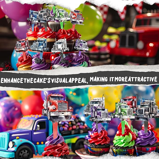 40 Semi Truck Party Decorations - Cupcake Toppers for Semi Truck Birthday, Trucking Baby Shower and Cake Decor