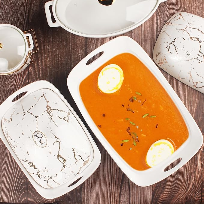 11.5" x 7" Ceramic Casserole Dish with Lid, 1.9 Quart Serving Soup Tureen,Chafing Dish for Buffet, Family Food Tray, Catering Casserole for Party, Oven, microwave and dishwasher safe,Large size