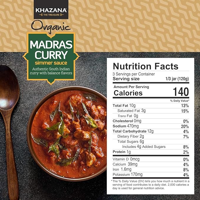 Khazana ORGANIC Madras Curry Indian Simmer Sauce - 12.7oz Jars | Non-GMO, Vegan, Gluten Free, Kosher | Authentic Indian Meals Made Easy at Home!