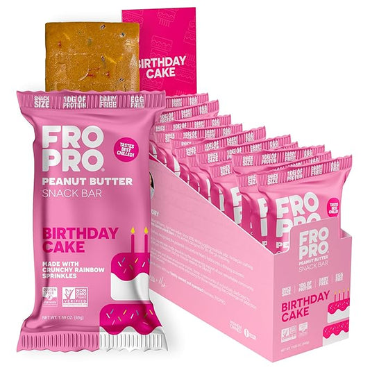 FROPRO Plant Protein Snack Bars - Plant Based Protein Bars, All-Natural, Gluten, Dairy, & Soy Free, High Protein Bars with Low Calories | Birthday Cake, 12 Pack