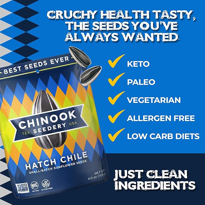 Chinook Seedery Roasted Jumbo Sunflower Seeds - Keto Snacks, Gluten-Free, Non-GMO, Hatch Chile Flavor 4 oz (12-Pack)