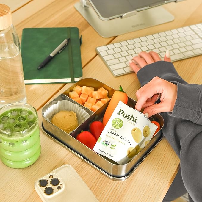 Poshi Green Olives On-The-Go - Original Flavor - Single Serve Pitted Olives - Convenient and Healthy Snack Packs - All Natural, Non-GMO, Kosher, Gluten-Free - 1.1 Oz Bags (10/Pack)