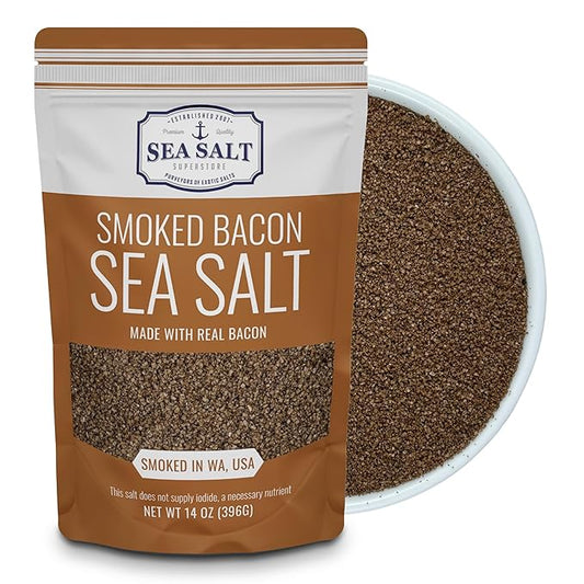 Bacon Seasoning Alderwood Smoked Sea Salt, Bacon Infused Cooking and Finishing Salt, 14 oz Bag.