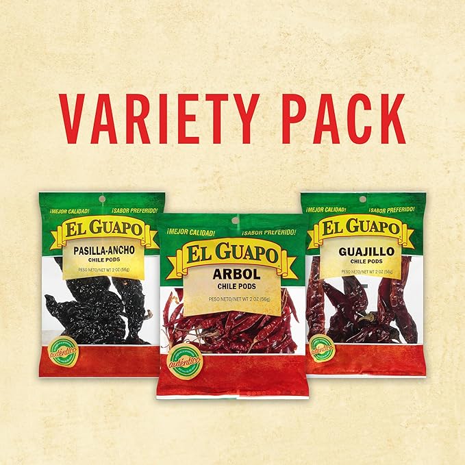 El Guapo Chile Pods Variety Pack, Hispanic Ingredients, Mexican Chiles, Includes Whole Guajillo, Pasilla Ancho, and Arbol, 12 oz